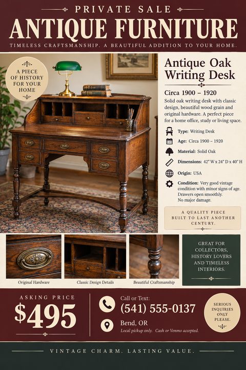 Flyer template for selling antique furniture. The design features a large photo of an antique oak writing desk, three smaller detail photos, and sections for specifications, price, and contact information. The color palette is deep red, cream, and.