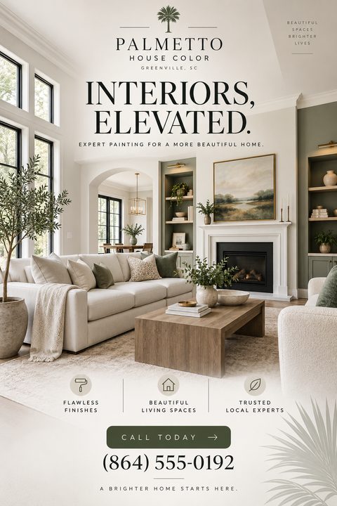 Flyer for interior painting services featuring a large photo of a beautifully decorated, freshly painted living room with a fireplace, white sofa, and green accents. Text reads 'Interiors, Elevated. Expert painting for a more beautiful home.' with a.