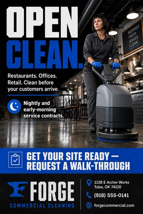 A commercial cleaning flyer featuring a woman operating a floor scrubber in a restaurant. Bold white and blue text reads 'OPEN CLEAN.' with details for nightly service contracts and contact information at the bottom.