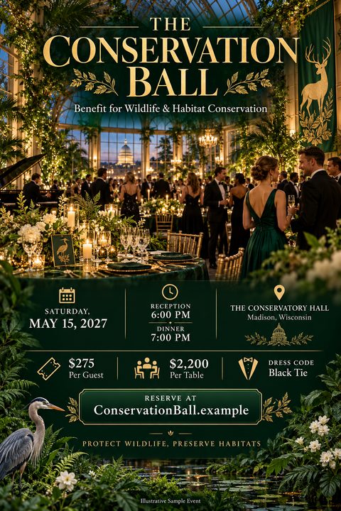 Elegant charity gala flyer featuring a formal dinner setting in a glass conservatory. The design uses a dark green and gold color scheme with lush plants, elegant typography, and clear event details.