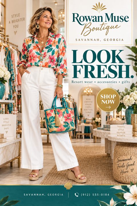 A bright boutique flyer featuring a woman in a floral shirt and white pants holding a matching bag. The design includes elegant teal typography and gold accents over a store interior background.