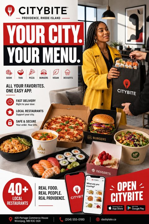 A promotional flyer for a food delivery app featuring a woman receiving a branded bag, a spread of diverse takeaway foods, app screenshots on smartphones, and bold red and black typography.