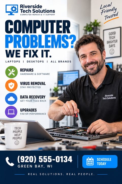 A computer repair flyer featuring a smiling technician fixing a laptop. It includes bold blue text, colorful circular service icons, and a dark blue contact footer.