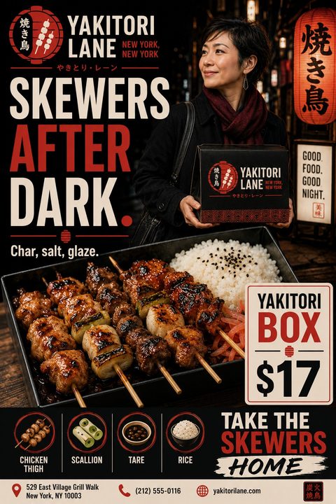 A dark, urban-style flyer for a yakitori takeaway. It features a woman holding a branded box, a large photo of glazed chicken skewers with rice, and a special meal deal price.