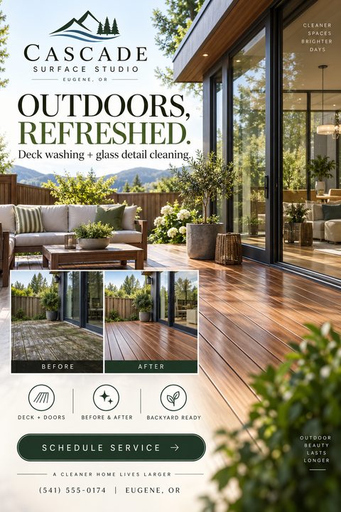 Flyer for deck and glass cleaning services. Features a large background photo of a clean wooden deck, with smaller 'before' and 'after' comparison photos inset. Earthy green and brown color palette.