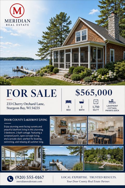 Real estate flyer for a lakefront cottage. The top half features a large photo of a charming cottage with a screened porch overlooking a lake with a private dock. Below is the text 'FOR SALE', the price '$565,000', address, and icons for 3 beds, 2.