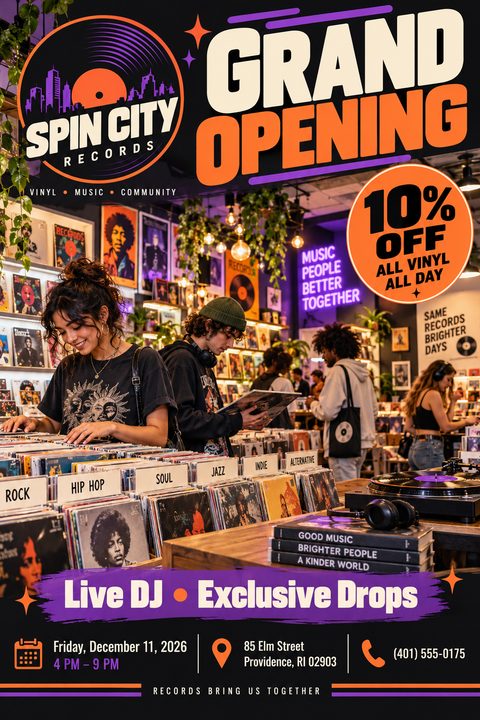 A vibrant grand opening flyer featuring bold orange and purple text on a dark background. A large central photo shows customers browsing a record store. Includes a circular discount badge and event details.
