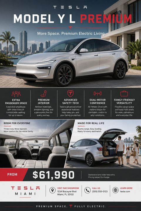A modern car sales flyer featuring a large silver SUV hero image, a dark grey feature grid with red icons, two smaller interior and lifestyle photos, and a bold price section at the bottom.