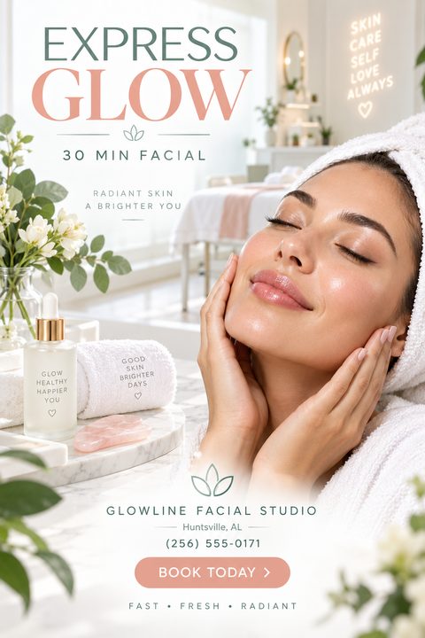 A bright, elegant flyer for a facial studio featuring a woman with glowing skin touching her face, a bottle of serum, and soft pink and green typography promoting an express facial.