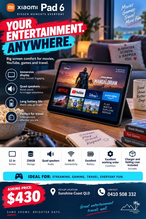 Flyer for a tablet for sale. A large photo of a tablet playing a movie sits on a desk. Text reads 'Your entertainment. Anywhere.' Below are icons for specs like screen size, storage, and battery. The asking price is $430.