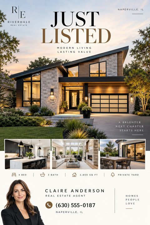 Real estate flyer template with 'Just Listed' text, a large photo of a modern house exterior at dusk, three smaller photos of the kitchen, living room, and patio, property details (4 bed, 3 bath), and an agent's photo and contact information.