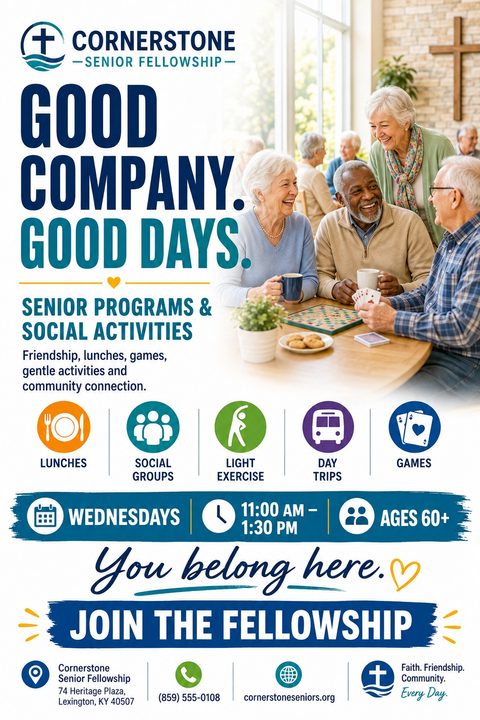 Flyer for Cornerstone Senior Fellowship titled 'Good Company. Good Days.' showing a group of happy seniors playing a board game and drinking coffee. Icons list activities: lunches, social groups, light exercise, day trips, games. Details: Wednesdays.