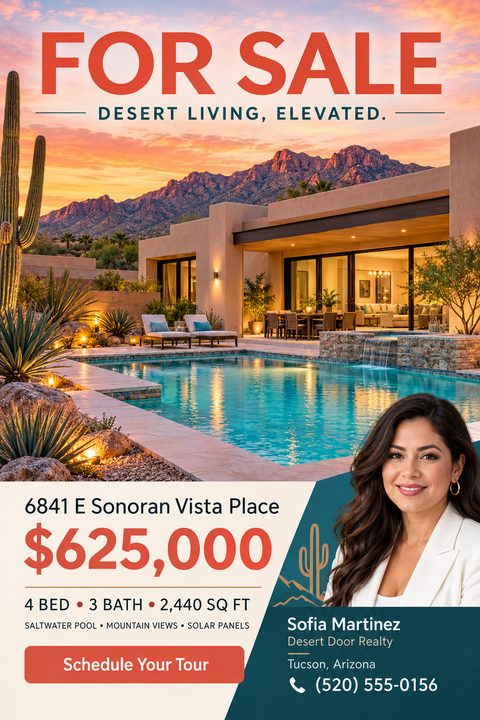 Real estate flyer template with a large photo of a modern desert home and pool at sunset. Features bold terracotta "FOR SALE" text, property details, price, and an agent headshot.