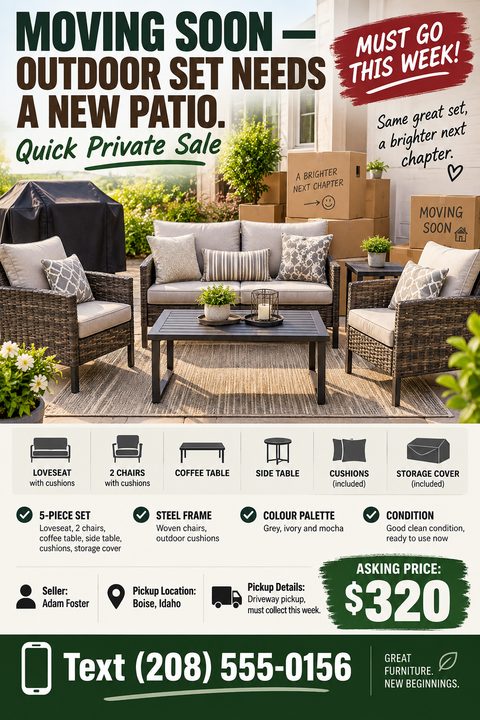 Flyer for a private sale of an outdoor patio set. Large photo of a wicker loveseat, two chairs, and a coffee table. Text reads 'Moving Soon - Outdoor Set Needs A New Patio. Quick Private Sale. Must Go This Week!' Includes icons for included items.