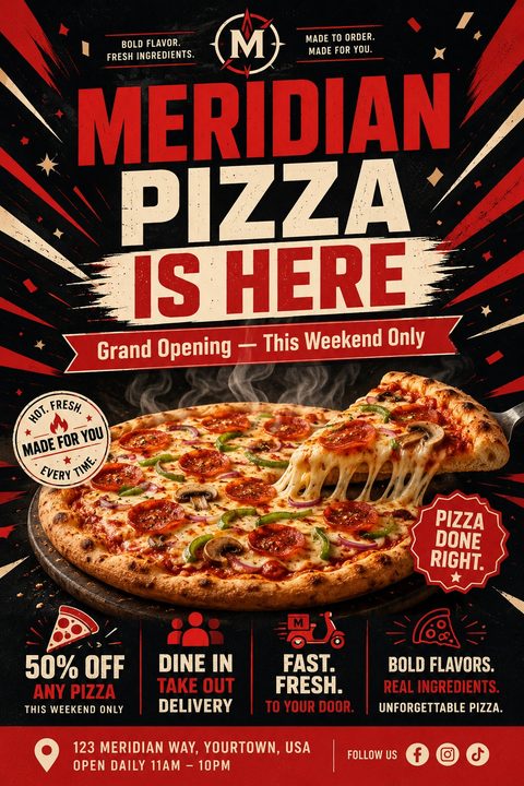 Flyer for a pizza grand opening featuring a large, cheesy pizza with a slice being lifted, set against a black background with red and cream retro sunburst rays. Text includes 'Pizza is Here', 'Grand Opening', and '50% Off'.
