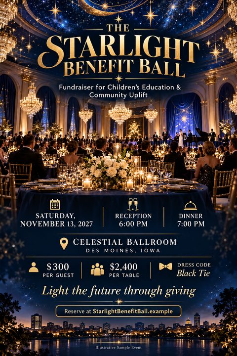 A luxurious flyer for a benefit ball featuring a grand ballroom with a starry night ceiling, elegant dining tables, gold typography on a navy background, and a city skyline silhouette at the bottom.