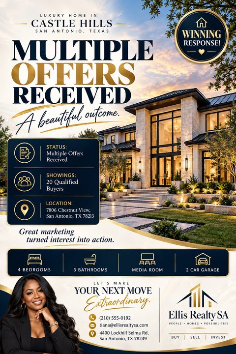 Real estate flyer with a large photo of a luxury home at sunset. Text reads 'Multiple Offers Received' in navy and gold. Includes property details, agent photo, and contact information.