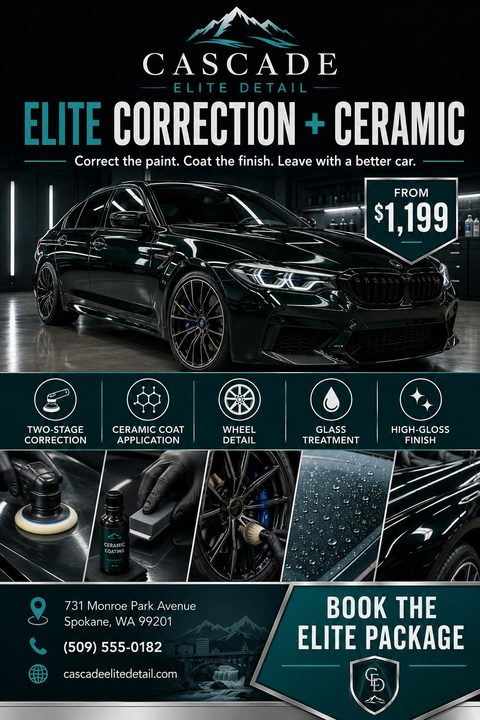 Flyer for auto detailing services featuring a glossy black car, icons for services like ceramic coating and wheel detail, and photos of detailing processes. Dark background with teal accents.