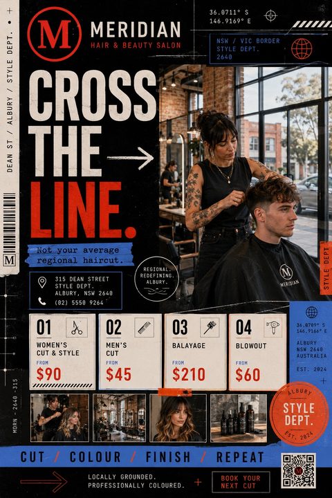 A hair salon flyer with a black background, red and blue accents, and a large photo of a stylist cutting a man's hair. It includes a price list for women's cuts, men's cuts, balayage, and blowouts, along with smaller photos of the salon and hair.