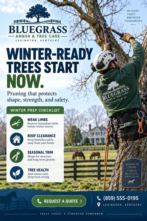 Flyer for Bluegrass Arbor & Tree Care titled 'Winter-Ready Trees Start Now.' Features a photo of an arborist in a tree, a 'Winter Prep Checklist' with icons, and contact information at the bottom.
