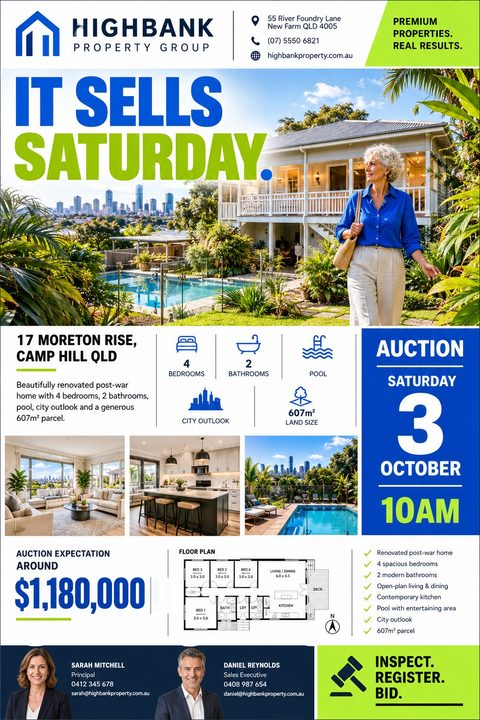 Real estate auction flyer template featuring a large photo of a house with a pool, smaller interior photos, property details, a floor plan, and agent contact information in blue and green.