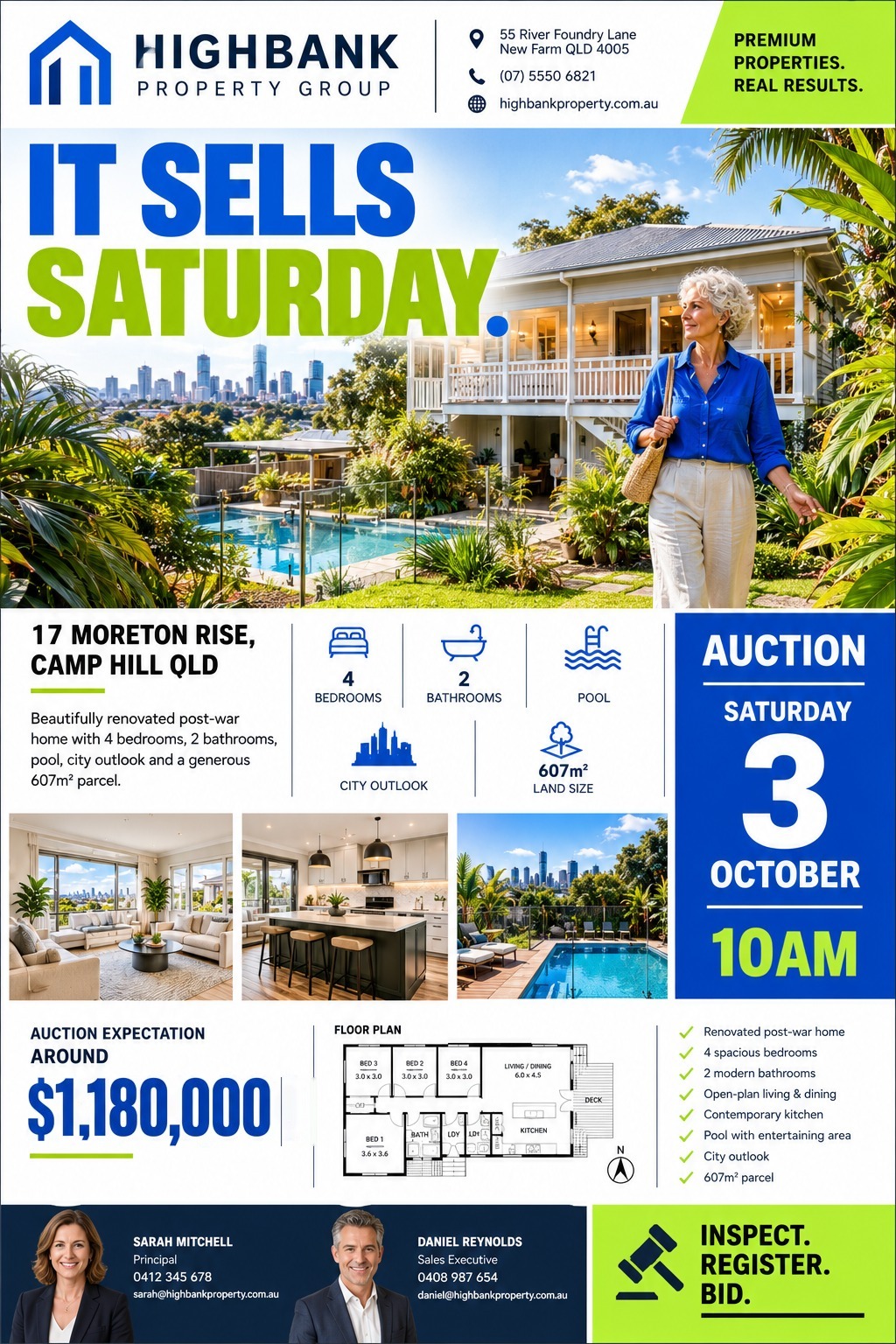 Real estate auction flyer template featuring a large photo of a house with a pool, smaller interior photos, property details, a floor plan, and agent contact information in blue and green.