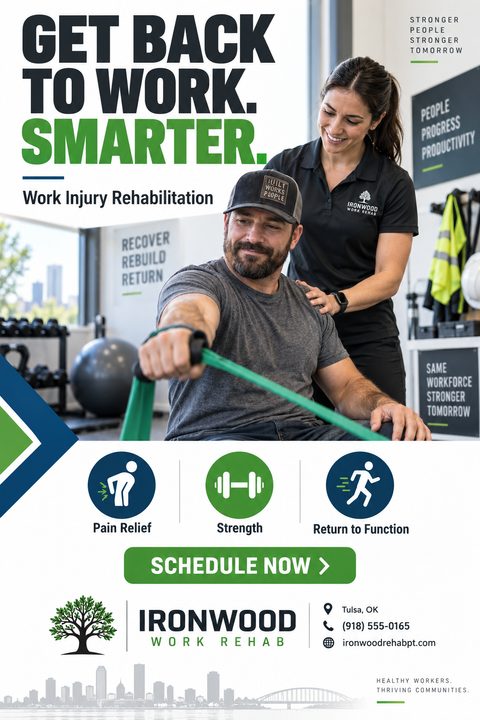 Flyer for work injury rehabilitation featuring a physical therapist assisting a male patient with a resistance band exercise. Text reads 'Get back to work. Smarter.' Includes icons for pain relief, strength, and return to function.