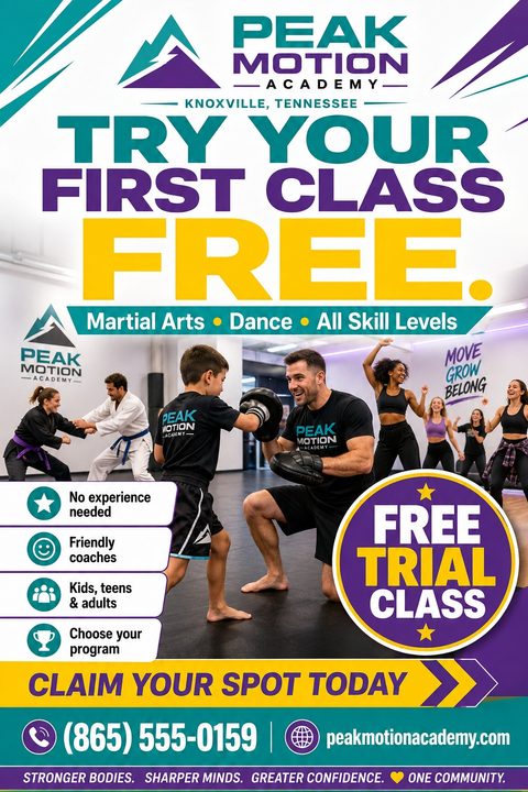 A vibrant flyer for a fitness academy offering a free first class. It features bold teal, purple, and yellow text, an action photo of a martial arts class, and a prominent free trial badge.