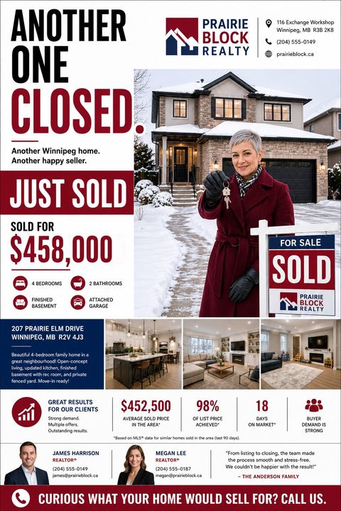 Real estate just sold flyer featuring a large photo of an agent holding keys in front of a house, interior property photos, sale price, market stats, and agent contact details in navy and red.