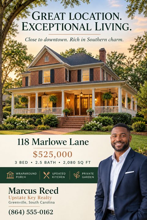 Real estate flyer template featuring a large photo of a brick house with a wraparound porch at sunset. Below is the address, price, bedrooms, bathrooms, and square footage. An agent's headshot and contact information are at the bottom.