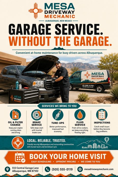 A mobile mechanic flyer with a teal, orange, and cream color scheme. It features a photo of a mechanic working on a truck in a driveway, service icons, and a bold call to action.
