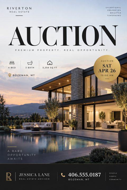 Real estate auction flyer template featuring a modern luxury home with a pool at sunset. The word 'AUCTION' is prominent at the top, with property details and agent contact information below.