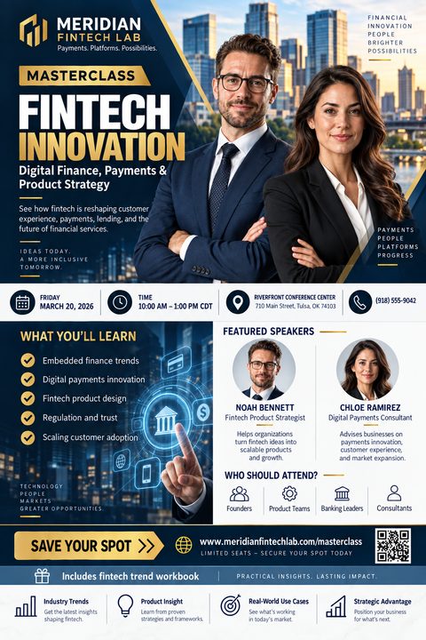 A corporate flyer template for a masterclass or seminar. The design features a dark blue and gold color scheme with a large photo of two business professionals at the top. Below are sections for event details, learning objectives, featured speakers.