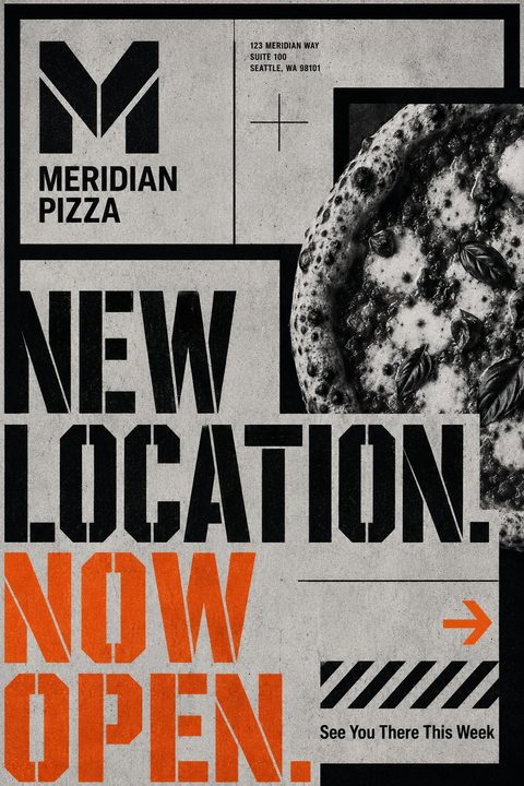 A bold pizza grand opening flyer with a textured grey background. It features large black and orange stencil typography reading "NEW LOCATION. NOW OPEN." alongside a black and white photo of a pizza.