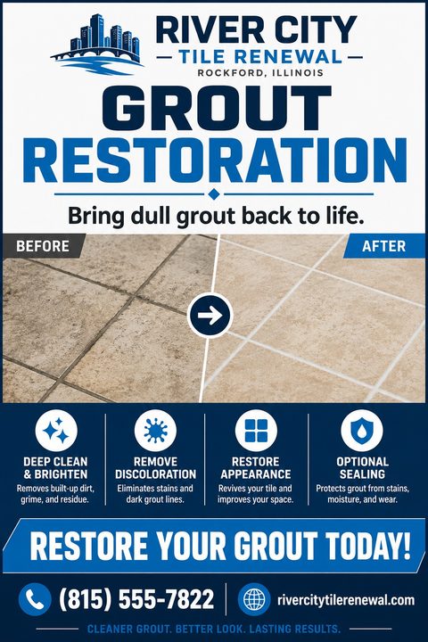 Flyer for grout restoration services featuring a large before-and-after photo of dirty and clean tile grout, with icons detailing services like deep clean, remove discoloration, restore appearance, and optional sealing.