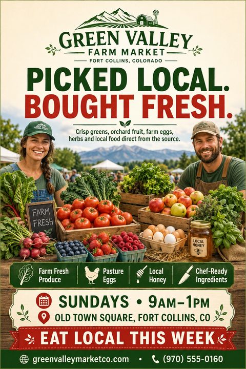 Flyer for a farm market featuring a photo of a man and woman smiling behind a table full of fresh vegetables, fruit, eggs, and honey. Text reads 'Picked Local. Bought Fresh.' with market details below.