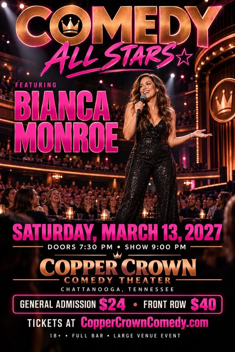 A flyer for a comedy show featuring a female comedian on stage in front of an audience. The text is in bold neon pink and gold, with details for the date, time, venue, and ticket prices.