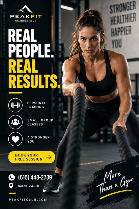 A bold fitness flyer featuring a muscular woman using battle ropes in a gym. The design uses a dark background with striking yellow text and accents, listing personal training and small group classes.