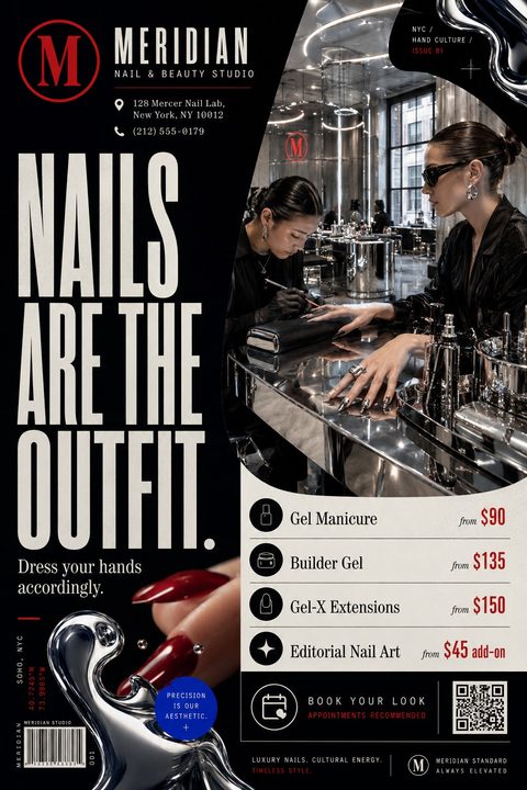 A high-end nail studio flyer with a black background, large bold text reading 'NAILS ARE THE OUTFIT', liquid chrome accents, a photo of a sleek salon, and a price list for gel services.