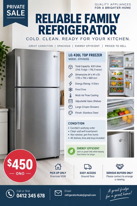 A private sale flyer for a refrigerator featuring a large photo of a stainless steel fridge, smaller inset photos of the interior, specifications, condition details, and a large red price circle.