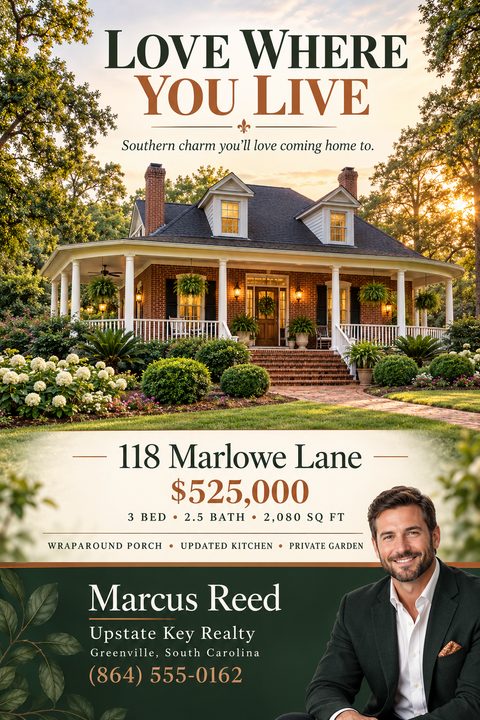 Real estate flyer featuring a brick house with a wraparound porch. Below is the address, price, property details, and a real estate agent's headshot and contact information on a dark green background.