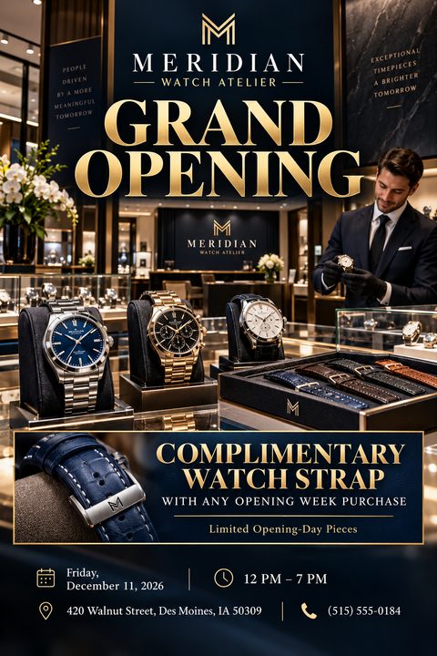 A luxury grand opening flyer with a navy blue background and gold text. The top half shows a high-end watch boutique with a man in a suit examining a watch. Below are three luxury watches on display. A gold-bordered box offers a complimentary watch.