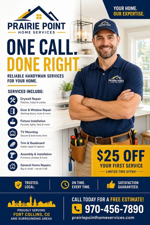 A flyer for Prairie Point Home Services featuring a smiling handyman in a blue polo shirt and tool belt. The flyer lists services like drywall repair and TV mounting, and offers $25 off the first service.