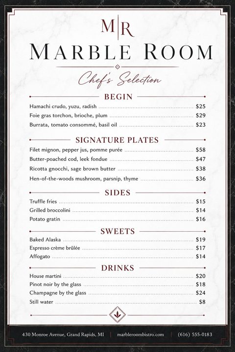 A restaurant menu flyer with a white marble background, framed by a dark border. The text is elegant and classic, listing appetizers, signature plates, sides, sweets, and drinks with prices.