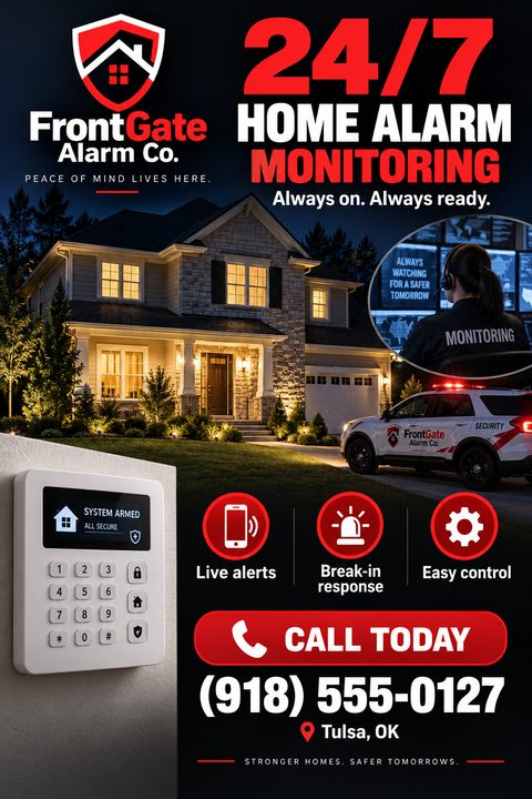 A bold red and black home security flyer featuring photos of a lit house at night, a security patrol car, a monitoring center operator, and a wall-mounted alarm keypad, with service icons.