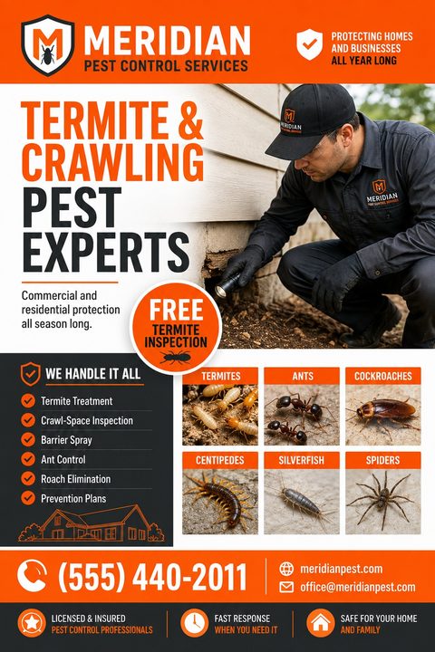 Pest control flyer template with an orange and black color scheme. Features a photo of a technician inspecting a foundation, a grid of six common pests, and a list of services.