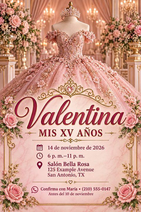 A lavish Quinceañera invitation featuring a highly detailed pink gown on a mannequin, a sparkling crown, gold filigree borders, pink roses, and elegant burgundy text on a marble background.