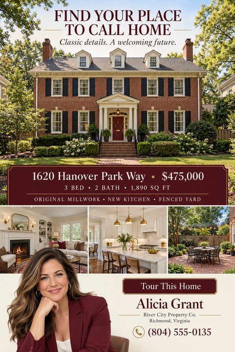 A real estate flyer featuring a large photo of a classic brick house, three smaller interior and exterior photos, property details on a burgundy banner, and a real estate agent's portrait.