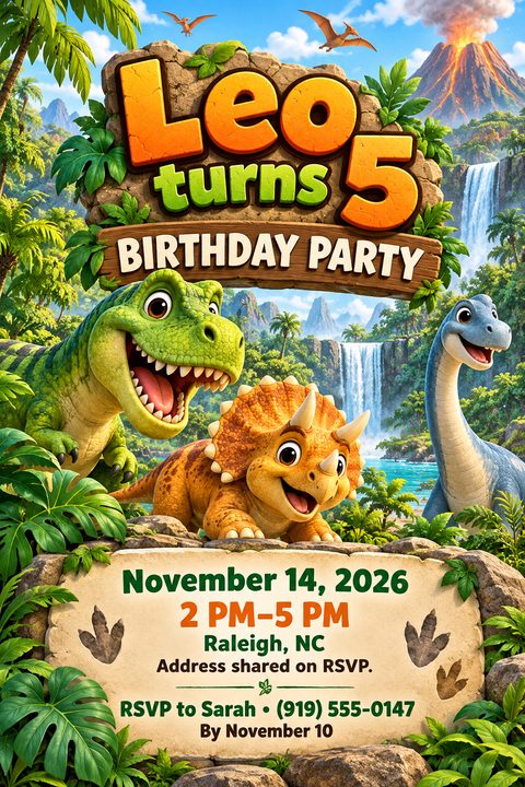 A vibrant kids' birthday party flyer featuring friendly cartoon dinosaurs—a T-Rex, Triceratops, and Brachiosaurus—in a lush prehistoric jungle with a waterfall and volcano. Event details are displayed on a stone tablet.