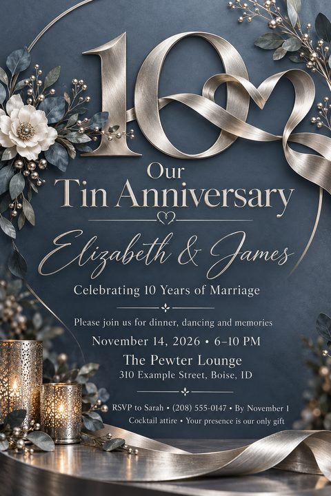 An elegant navy blue anniversary invitation featuring a large metallic silver '10' with ribbon details, delicate white florals, and glowing candles in pierced metal holders, framing the event details.